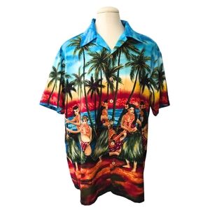 Hawaiian Shirt Hula Dancer Tropical Vacation Button Down Kennington Ltd. Large